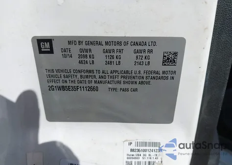 2015 Chevrolet Impala Limited Lt из США, поврежденный, VIN 2G1WB5E35F1112660